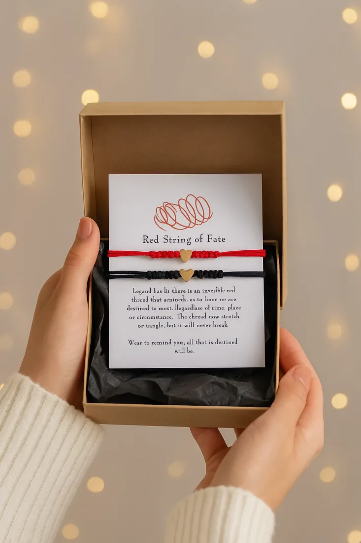 Zwei Hände halten eine geöffnete Geschenkschachtel mit einem roten und einem schwarzen Armband mit goldfarbenem Herz