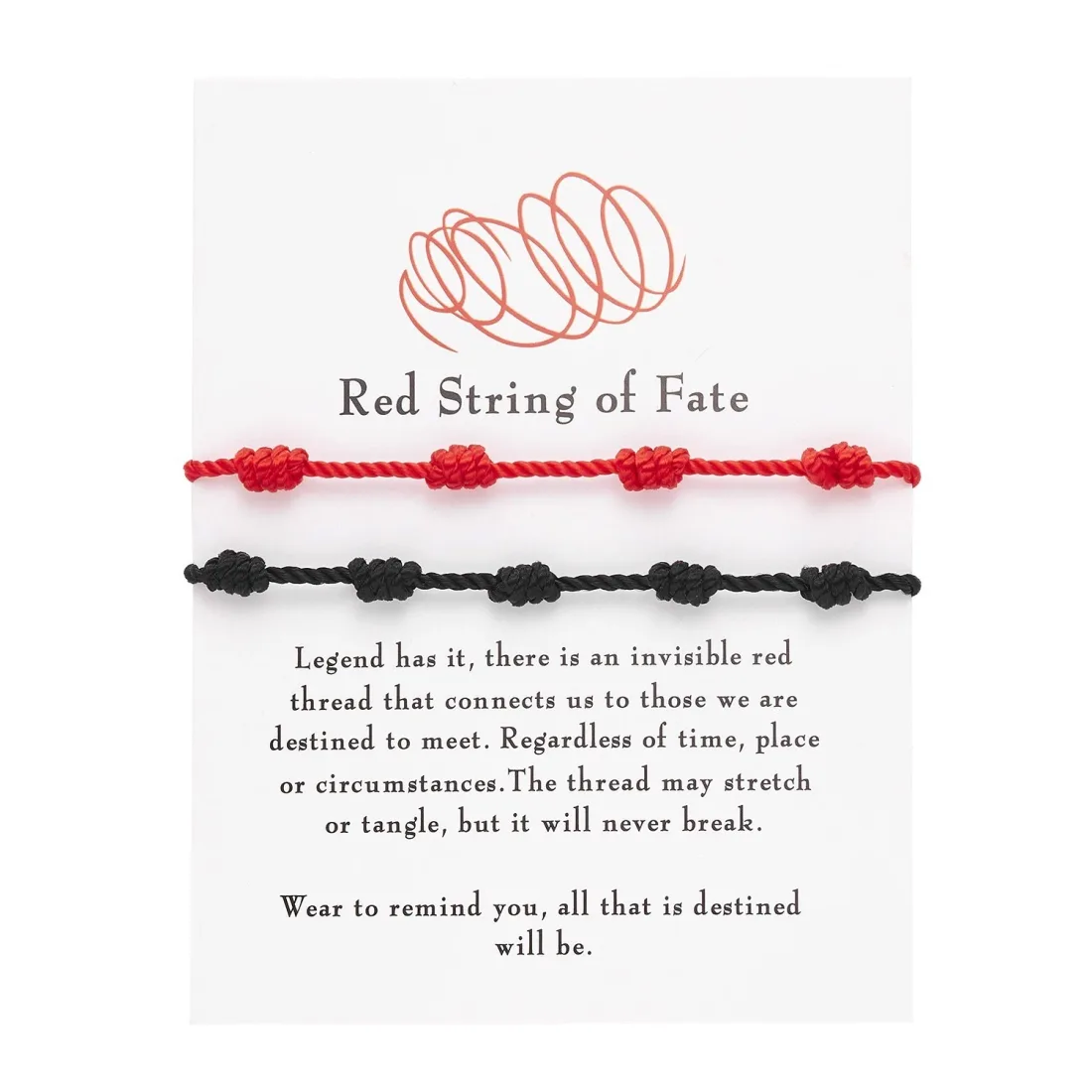 Rotes und schwarzes geknotetes Armband auf einer Karte mit der Legende vom roten Faden