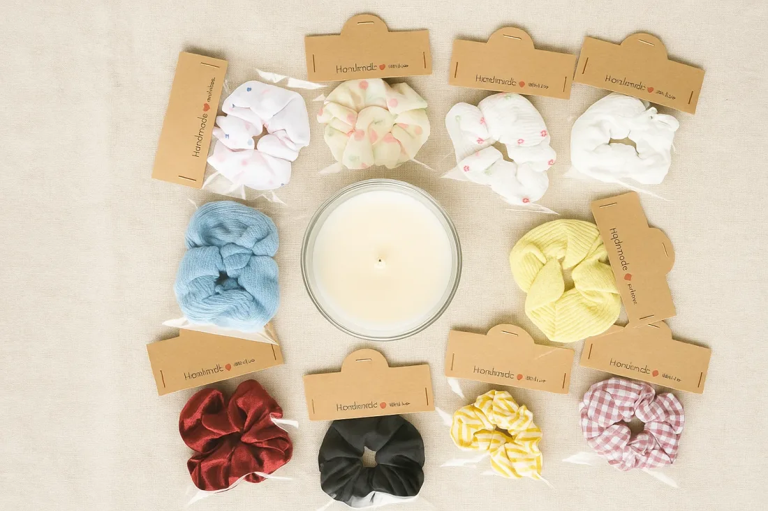 Mehrere handgemachte Scrunchies aus Stoff in verschiedenen Farben und Mustern mit Anhängern